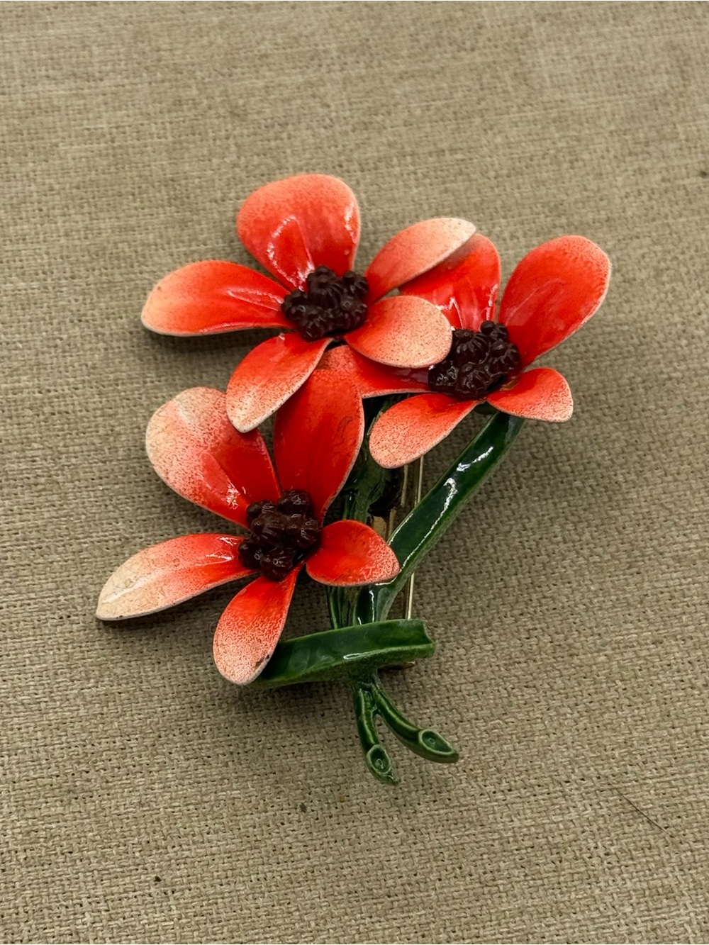 vintage Orange Red Floral Enamel Brooch